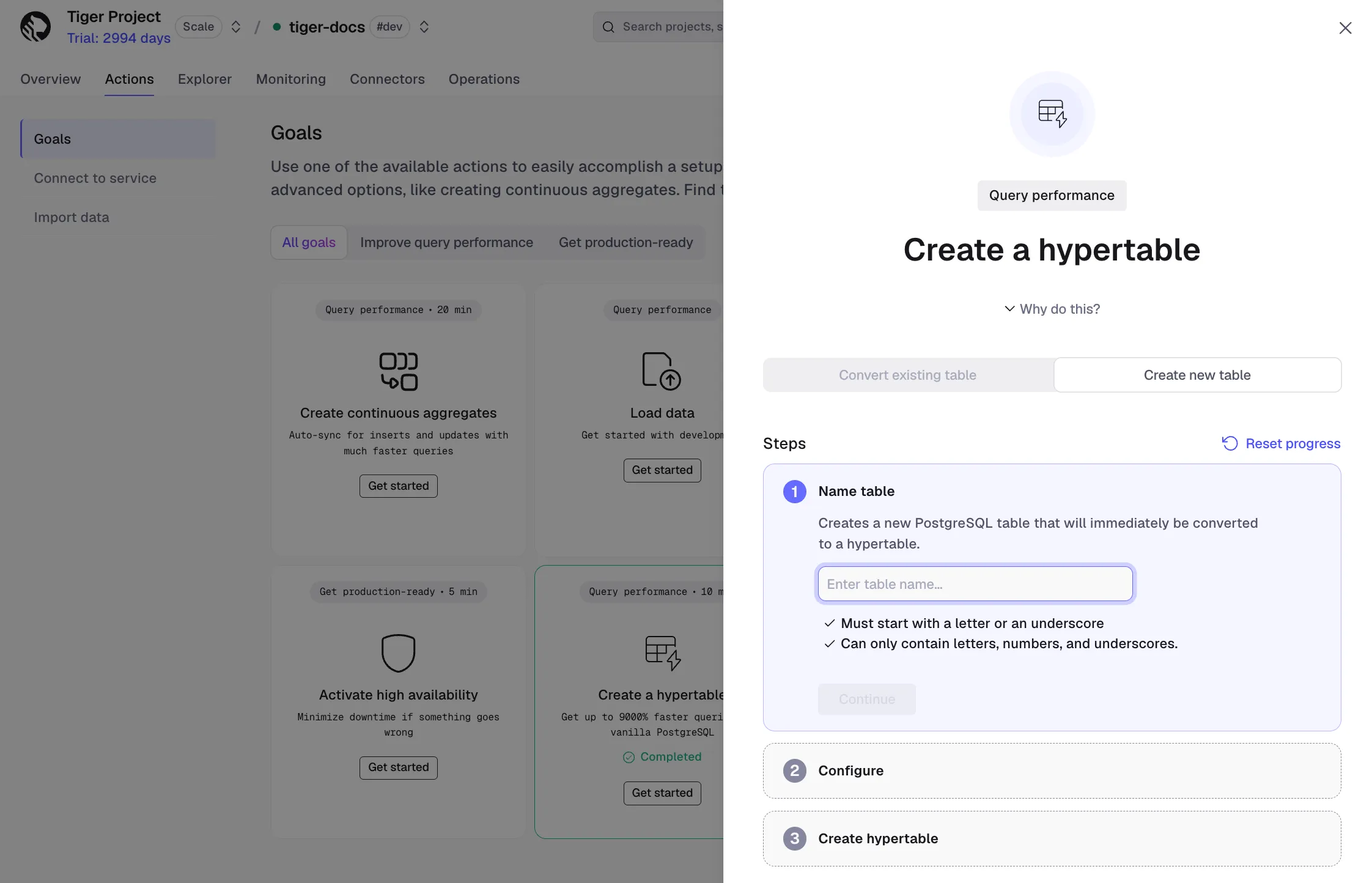 Create a hypertable wizard in Tiger Console