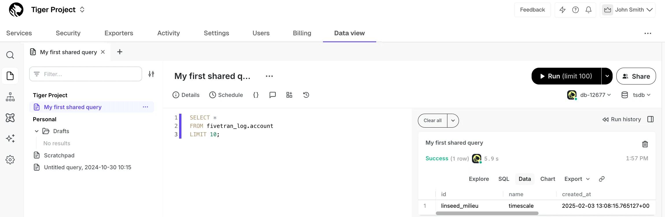 Viewing Fivetran-synced data in a Tiger Cloud service