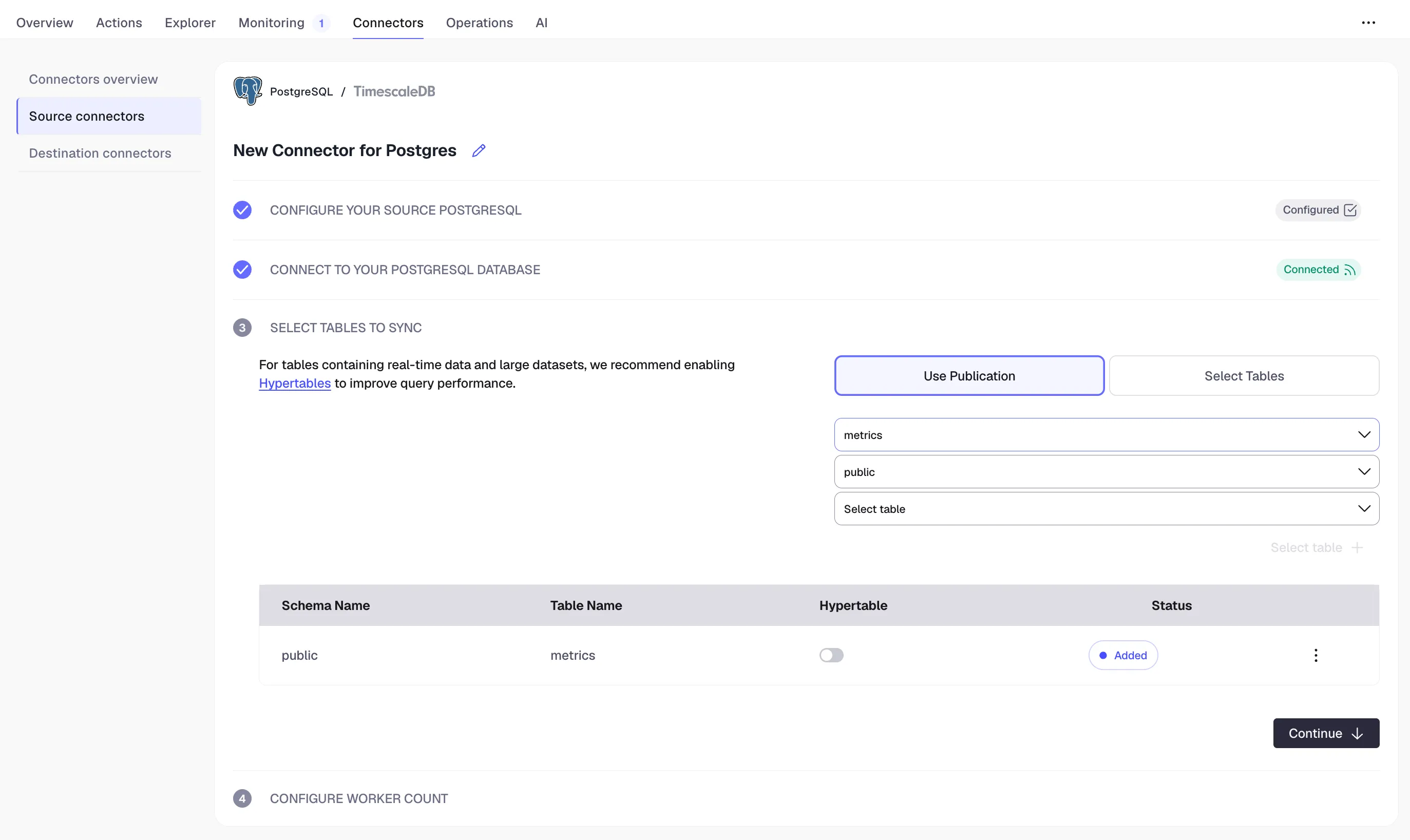 Starting the PostgreSQL connector in Tiger Console