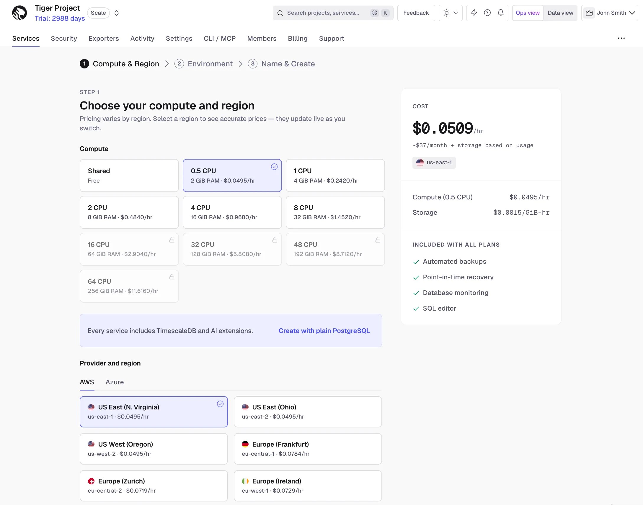 Step 1 of the updated Tiger Cloud service creation flow, showing compute and region selection with a live cost estimate