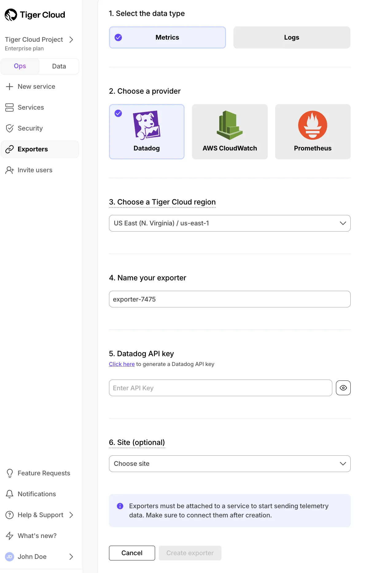 Adding a Datadog exporter in Tiger Console
