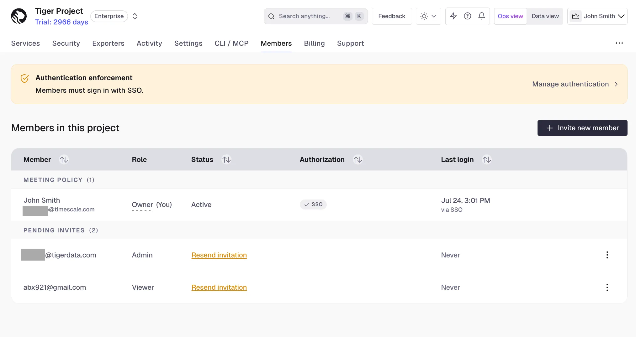 Members page in Console, showing the authentication enforcement banner and members grouped by policy compliance